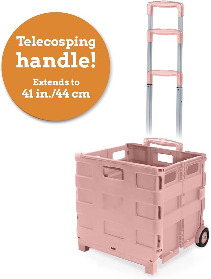 Inspired Living Ultra-Slim Rolling Collapsible Storage Pack-N-Roll Utility-carts, with Telescopic Handle, for Home, Garden, Shopping, Office, School use, Large, Raspberry Pink - Image 4