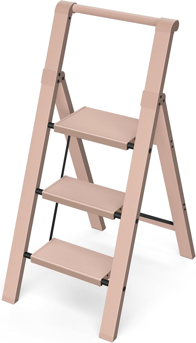 Taranta 3 Step Ladder,Aluminum Step Stool Foldable-Peach Pink | Folding Ladder with Handgrip,Wide Top Pedal,330lbs Capacity Stepladder for Home,Office,Kitchen by TARANTA