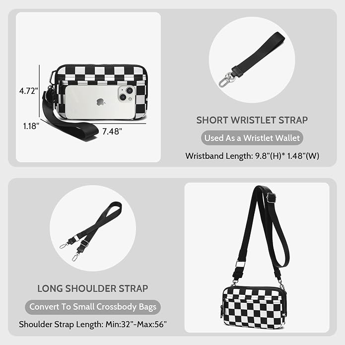 FODOKO Wristlet wallets for Women RFID crossbody bags with 4 Zippers | Checkered quilted nylon with credit card slots, cell phone organizer, and coin purse for travel and everyday carry - Image 5