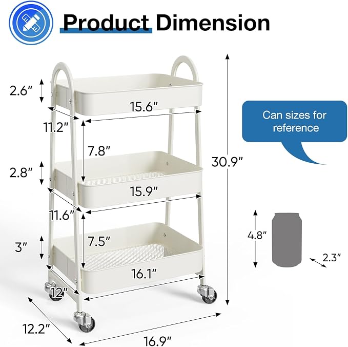 OLIXIS Metal Rolling Storage Utility Cart with Lockable Wheels 3 Tiers | Mobile Organizer Shelf, Space-Saving, Freestanding, Bathroom, Living Room, Slim, Narrow Corner Spaces, White - Image 4