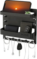 Adhesive Bedside Wall Shelf Organizer with 5 Hooks and Cable Clips, Plastic Wall Storage Holder for Phone, Remote Control, Earphone, Kindle, Keys – Bedroom, Dorm, RV (Black) by FTNA