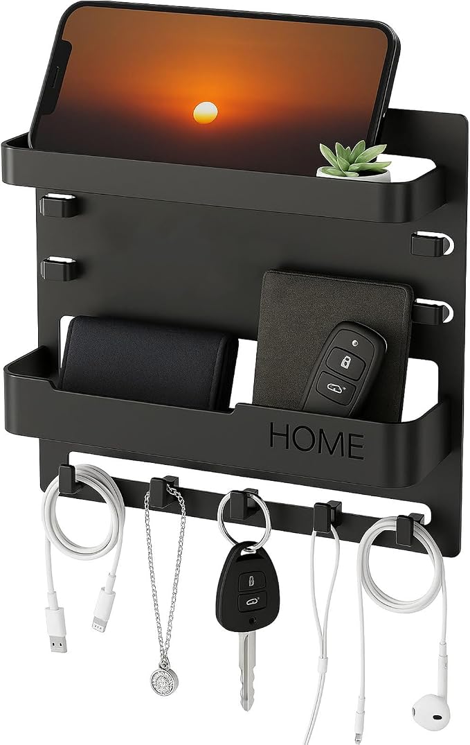 Adhesive Bedside Wall Shelf Organizer with 5 Hooks and Cable Clips, Plastic Wall Storage Holder for Phone, Remote Control, Earphone, Kindle, Keys – Bedroom, Dorm, RV (Black) by FTNA