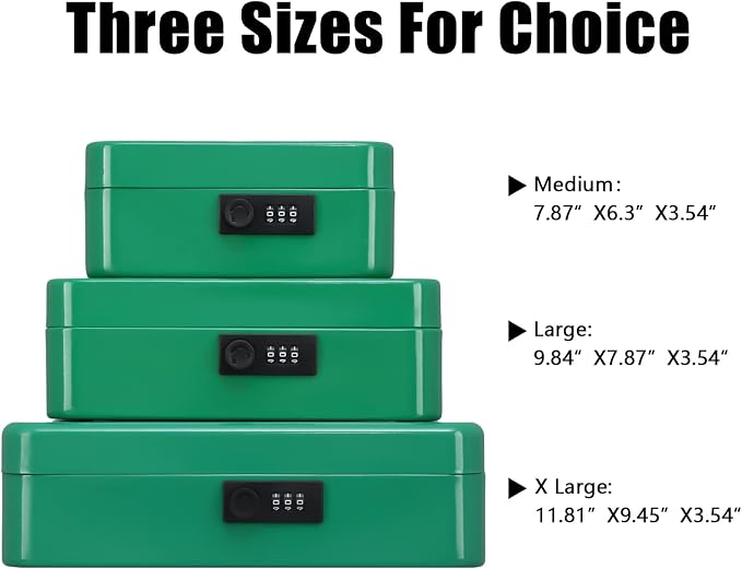 KYODOLED Metal Cash Box with Combination Lock Money Box for Cash Safe Metal Box with Money Tray for Security Lock Box 11.81"x 9.45"x 3.54" Green X Large - Image 7