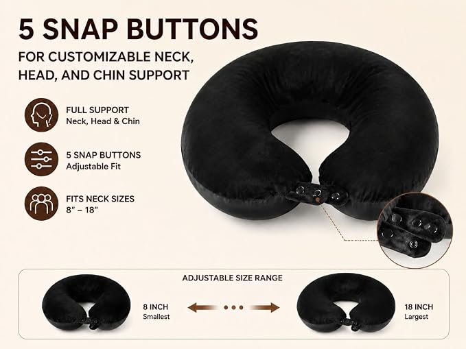 Travel Neck Pillow, Top Memory Foam Pillow for Head Support, Ideal for Airplanes, Cars, and Home Recliners, Adjustable and Soft (Black) - Image 6