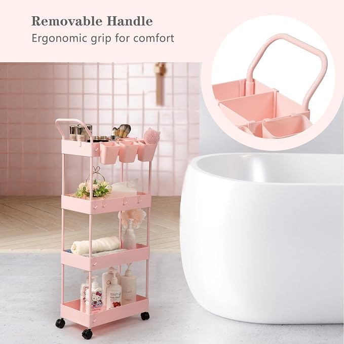 Danpinera 4-Tier Pink Slim Storage Cart, Narrow Laundry Cart with Wheels, Dividers, Hanging Cups, Hooks, Easy Assembly - Image 2