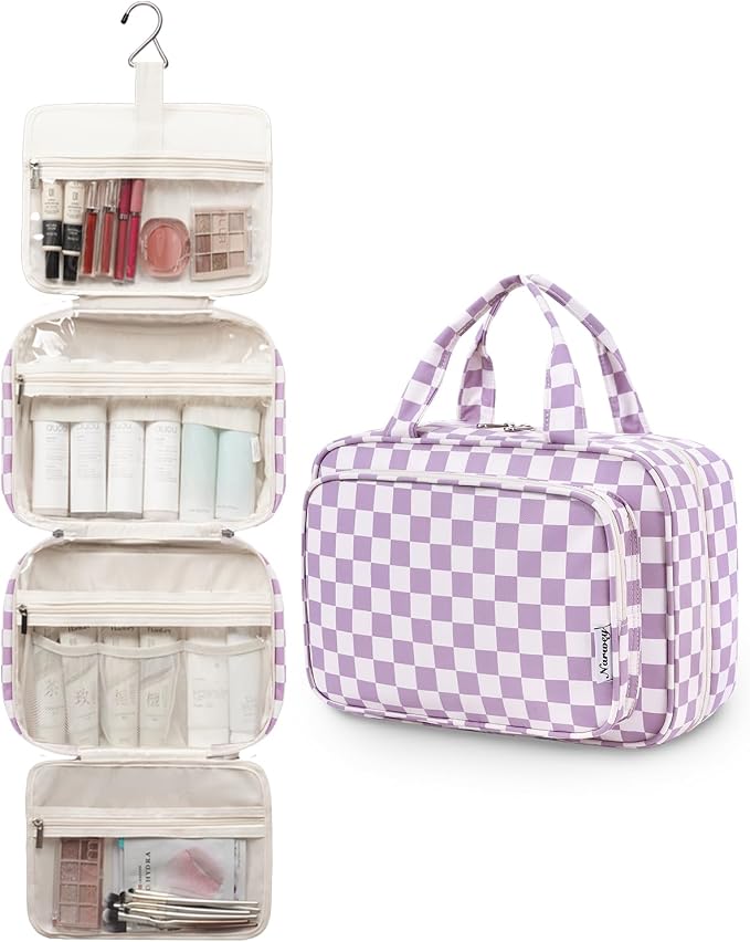 Narwey Travel Toiletry Bag for Women Large Hanging Makeup Bag Organizer Toiletries Bag for Full Size Essentials Accessories Cosmetics (Purple Checkerboard (Large)) - Image 4