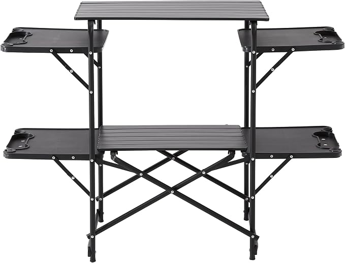 Slim-Fold Camping Kitchen Table, Metal Folding Portable Outdoor Cook Station with 4 Side Tables, 2 Storage Shelves & Carrying Bag, Heat Resistant for Picnic BBQ,Upgraded Black by Unknown