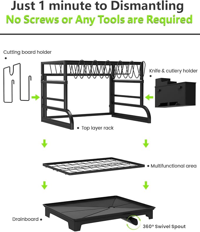 2-Tier Foldable Dish Drying Rack with Drainboard, Stainless Steel Large Capacity Kitchen Counter Organizer with Cup Holder, Utensil & Cutting Board Storage, No Assembly Required, Black - Image 7