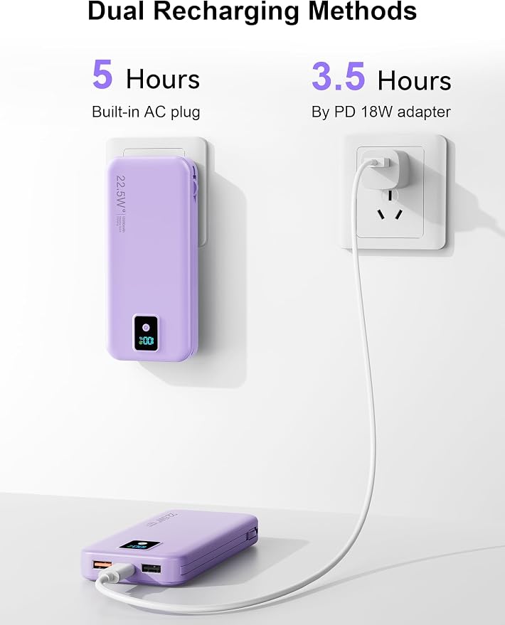 Portable Charger 12000mAh 22.5W w/Built-in Cable & Wall Plug Purple | 22.5W fast charging, LED display, Charging 5 devices at once, Pass through charging, TSA approved, Compatible with iPhone - Image 8