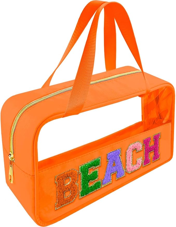 Bunliuys Chenille Letter Clear Makeup Bag Beach Patch, Travel Toiletry Makeup Bag with Handle, Nylon Waterproof Makeup Bags clear cosmetic bag, preppy patch makeup bag for Women (BEACH-Orange) by Bunliuys