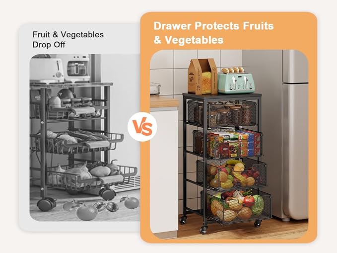 4-Tier Fruit Vegetable Storage Cart - Kitchen Organizer and Storage Cart with Wheels, Wooden Top Metal Wire Fruit Vegetable Rack Stand with Drawers to Storage Cans Snacks for Kitchen(Patent Pending) - Image 5