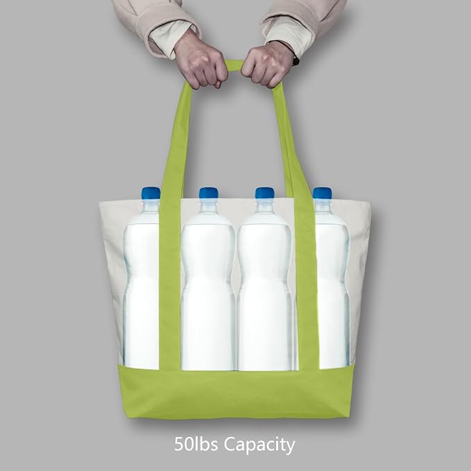 TOPDesign 6-Pack Canvas Tote Bags with an External Pocket, Reusable Grocery Shopping Bags, Top Zipper Closure, Daily Essentials (Light Green/Natural) - Image 6