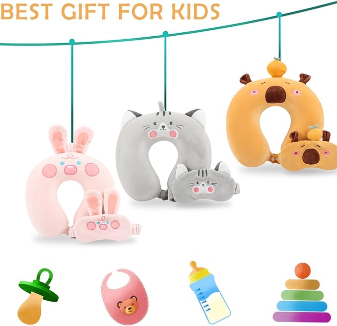 Travel Pillow, Kids Travel Pillow with Sleep Eye Mask Soft Memory Foam Kids Neck Pillow for Boys & Girls, Travel Accessories for Car Airplane Traveling - Capybara - Image 6