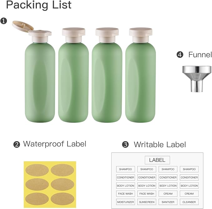 Empty Shampoo Bottles 6.7oz, Green Flip Cap Refillable Plastic, 4 Pack Set | Toiletry containers for conditioner, big large size squeeze bottles, body wash lotion dispenser, toiletries leakproof liquid - Image 5