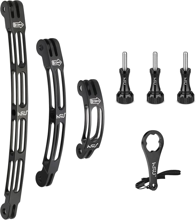 HSU Aluminum Alloy Curved Extension Arm Kit (7.9”/5.3”/3”) (Black) | Metal Pole Mount Helmet Stick Extension Arm Mount for GoPro Hero 13/12/11/10/9/8/7, DJI Osmo Action and More Action Cameras by HSU