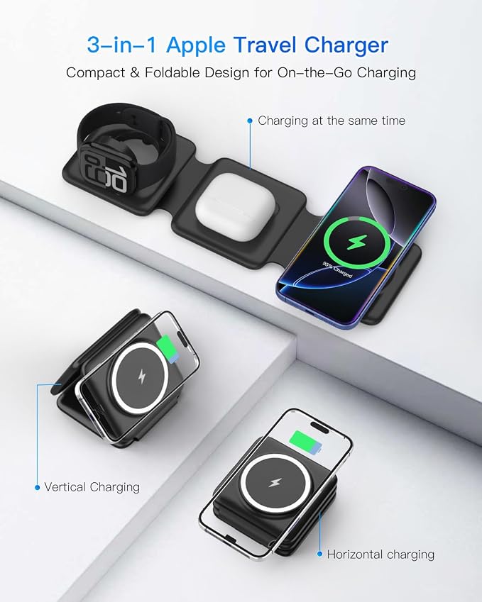 Magnetic Wireless Charger for iPhone: Fodable 3 in 1 Charging Station for Multiple Apple Devices - Travel Charging Pad Dock for Apple Watch iPhone 17 16 15 14 13 12 Pro Max Plus & Airpod - Image 3