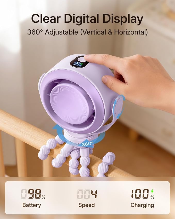 SWEETFULL Portable Stroller Fan, Pinch-Proof Baby Fan - Purple | Wide Turbine Airflow; Safe Design; LED Display; 5-Speed; 30dB Quiet; USB-C Rechargeable; Mini Clip On Fan for Car Seat & Bed - Image 5