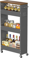 CHLORYARD Slim Storage Cart, 4-Tier Kitchen Rolling Cart Narrow Storage Cabinet with Handle & Wheels, Metal Rolling Shelf Unit for Kitchen Bathroom Laundry Small Places (5.9IN/ Gary/Brown) by CHLORYARD