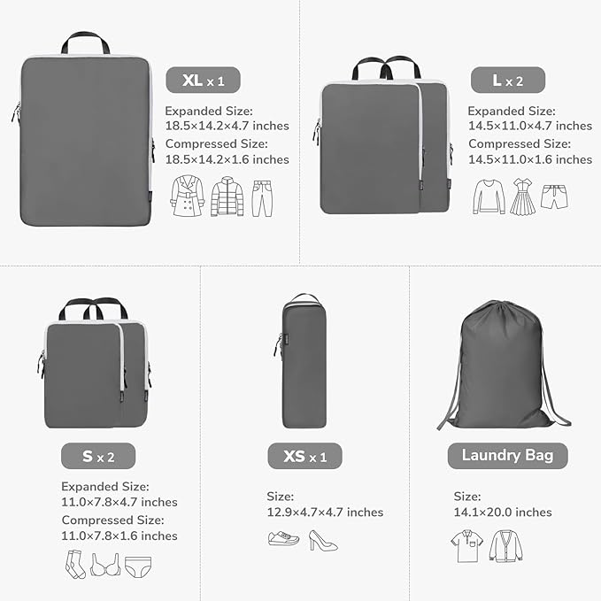 7 Set Compression Travel Packing Cubes for Suitcases, Grey | Travel Essentials for Suitcase, Luggage Organizer Bags for Travel with Shoe Bag, Travel Accessories Expandable Packing Cubes - Image 2