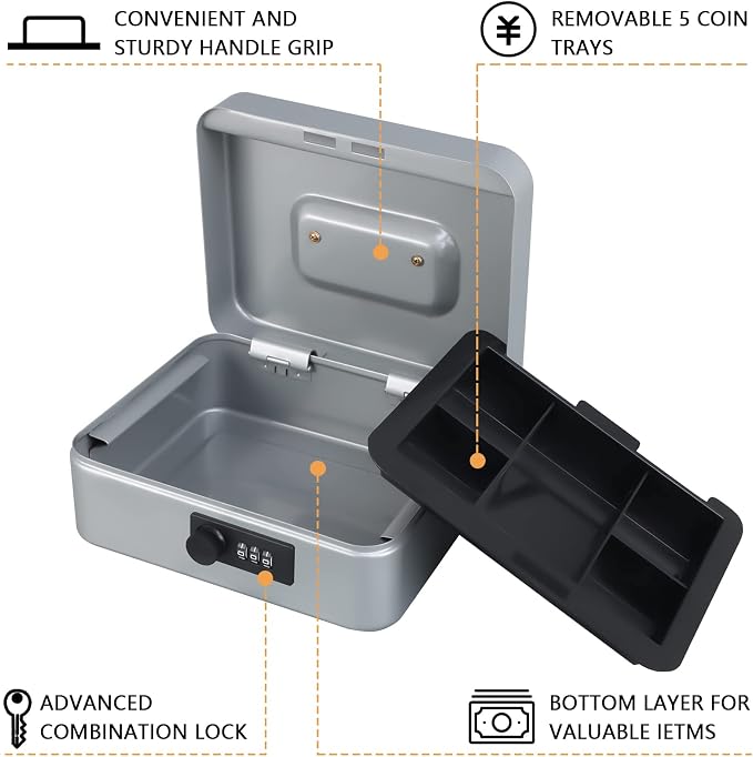 KYODOLED Cash Box with Combination Lock,Safe Metal Box for Money,Storage Lock Box with Money Tray,7.87"x 6.30"x 3.54" Lightgrey Medium - Image 2