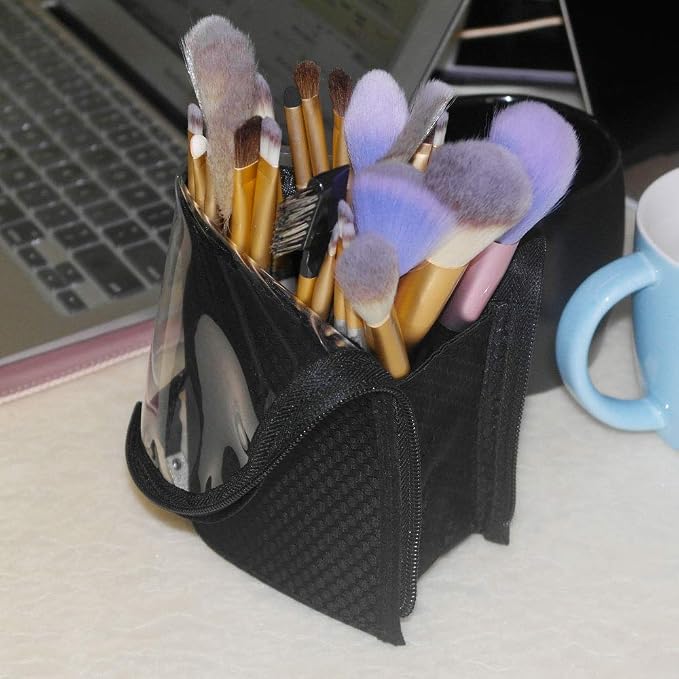 ANEMEL Black Travel Makeup Brush Holder, Organizer Bag Cosmetic Zipper Pouch Portable Dust-Free Stand-Up Toiletry Stationery - Image 8