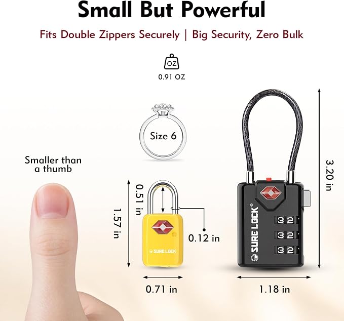 SURE LOCK Mini TSA Approved Keyed Luggage Lock – One Key Opens All, Fits Tight Zipper Gaps & Small Pull Holes, Compact Travel Lock for Suitcases, Backpacks & Handbags - Image 3