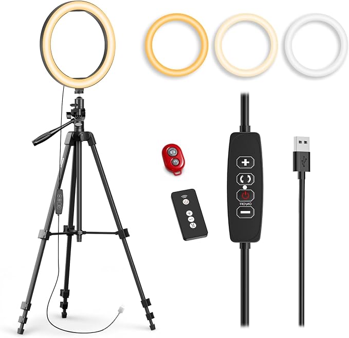 EMART 10'' Ring Light with 55'' Adjustable Tripod Stand & Phone Holder | 3 Color Modes 10 Brightness Levels Circle Selfie Lights with Wireless Remote for Streaming, Video Recording, YouTube, TikTok by EMART