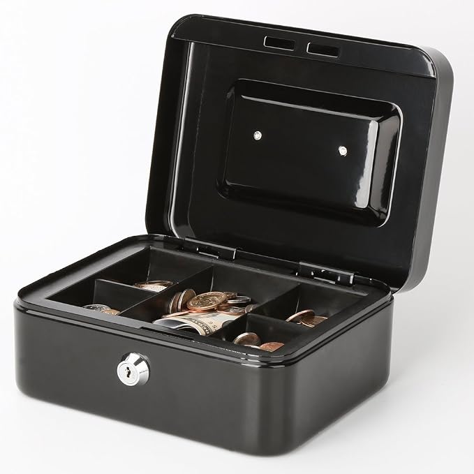 Decaller Cash Box with Money Tray, Medium Metal Locking Money Box with Key Lock for Security, 7.87" x 6.30" x 3.54", Black - Image 2