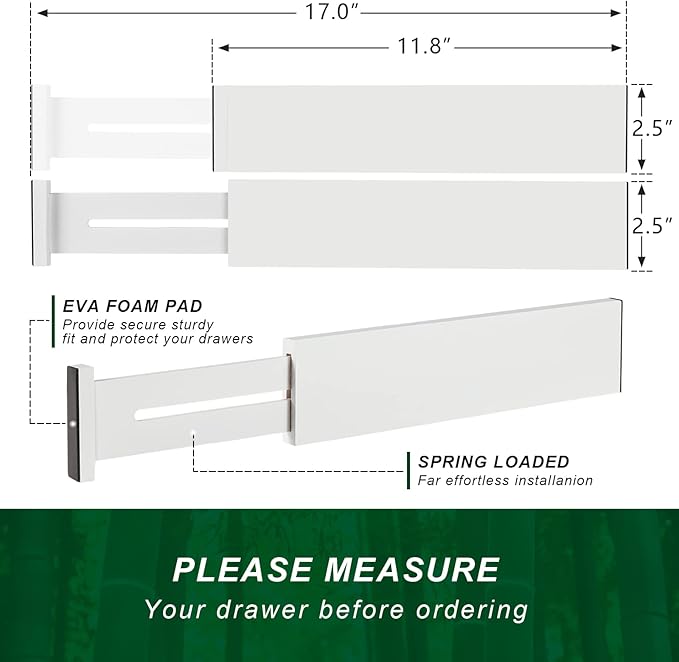 4 Pack Bamboo Drawer Dividers 2.6" High, Adjustable from 12 Inch to 17 Inch | Expandable Kitchen Drawer Organizer Separators for Clothes, Kitchen, Bedroom, Dresser, Office (White) - Image 7