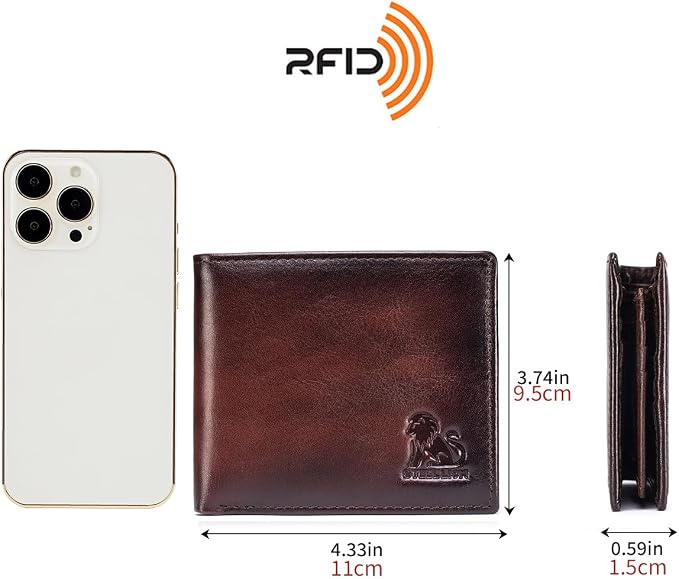 Men's Cowhide Leather RFID Wallet, Slim Bifold (Dark brown) | 2 Clear ID Windows, 10 Card Slots, Zipper Coin Pocket, Gradient Finish for Business, Travel, Daily Carry and Gifts - Image 3