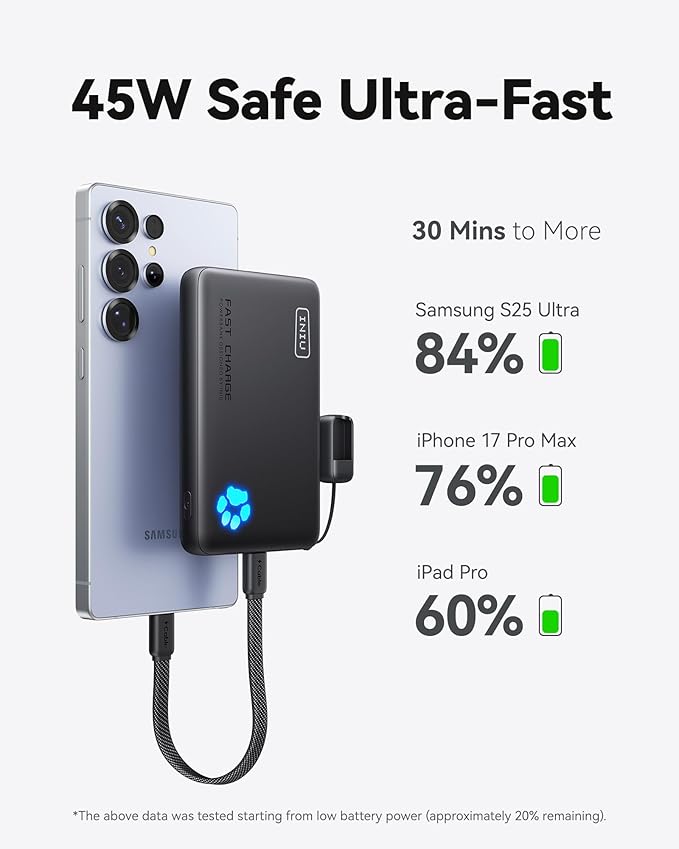 INIU 45W Fast Charging Portable Charger, Smaller 10000mAh Travel Power Bank | Flight-Safe, Detachable USB C Cable, Travel Essential, External Battery Phone Pack for iPhone 17 Samsung S26 iPad etc - Image 3