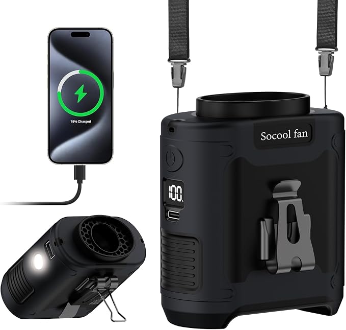 Socool 10000mAh Portable Waist Fan Clip on Wearable Belt Personal Fan Rechargeable Battery operated With 5 Speeds & Flashlight Neck Hands-Free 40H Cooling For Outdoor Camping Travel (Black) by Socoolfancoolinhand