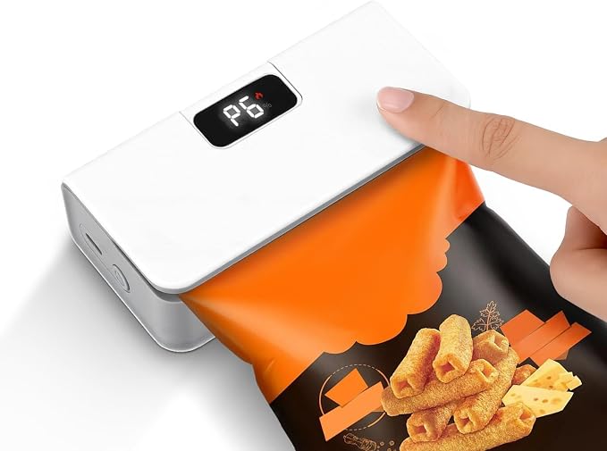 Mini Rechargeable Bag Sealer with LED Display for Food Storage | 6 adjustable heat levels, portable design, built-in cutter, magnetic base, works for all plastic food & snack bags by WixbFyn