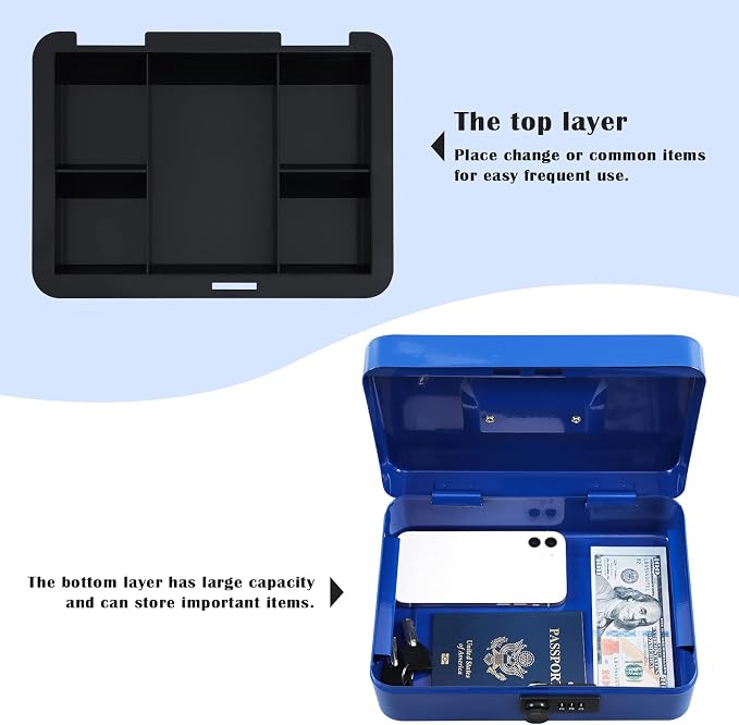xydled Large Cash Box with Lock, Removable Coin Tray, Steel Money Box, Blue | Steel Cash Box with Key Lock, Removable Tray & Carry Handle, for Office, Retail, Home, and Money Storage, 9.8"x 7.8"x 3.5" - Image 5