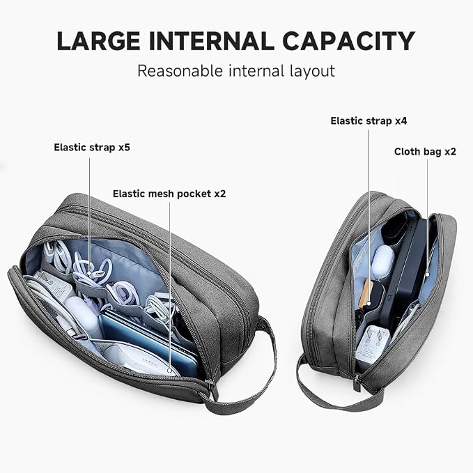 Teskyer Double Layer Cable Organizer Bag, Travel Tech Pouch, Dark Grey | Elastic Bands Organization, Water Resistant Fabric, Multiple Compartments, Padded Protection, Travel and Office Use - Image 3