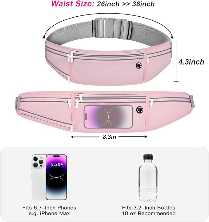 Slim Running Belt for Women Men,Runners Fanny Pack Phone Holder,Money Belt,Running Gear Accessories,with 3 Pockets (Jet Pink) - Image 3