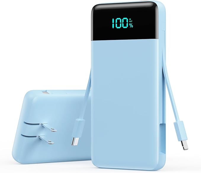 Portable Charger with Built-in AC Plug and Cables,13800mAh All in One USB C Fast Charging Power Bank,Travel Essentials Portable Phone Charger Battery Pack for iPhone 17/16/13,Galaxy,Android-Light Blue by YHO