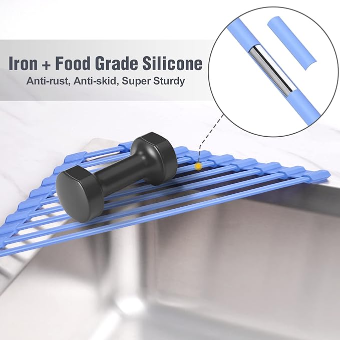 Tomorotec Triangle Roll Up Dish Drying Rack with Silicone Coating, Blue | 304 Stainless Steel with BPA-Free Silicone, Triangle Design Maximizes Sink Corner Space, Fits Compact Kitchens And RVs - Image 3