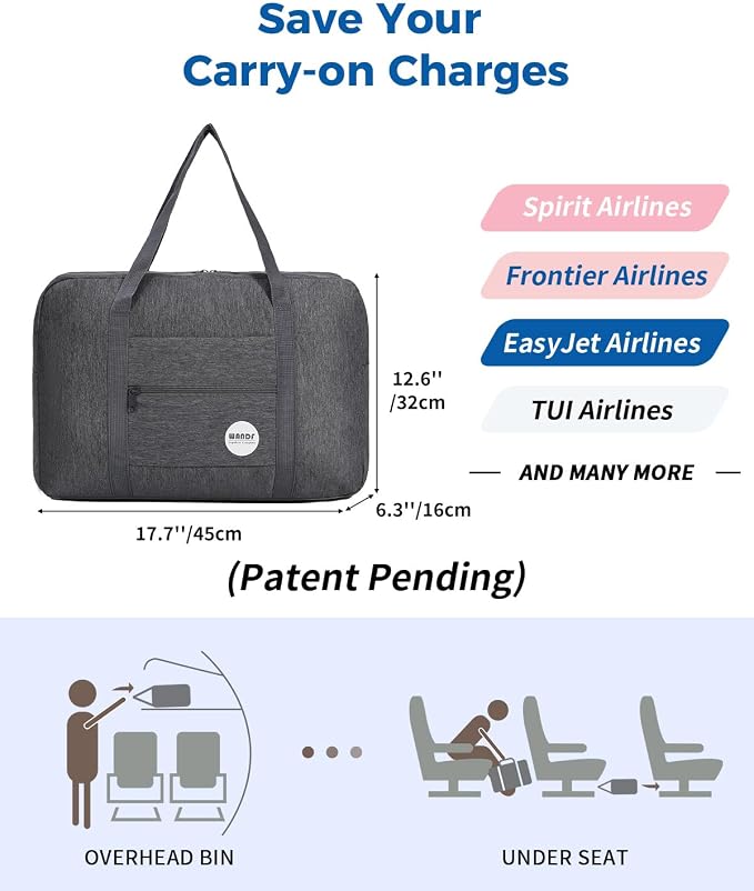 WANDF Personal Item Travel Bag, Carry On Duffle Bag Women | 18x14x8 inches, Airline Underseat Aprroved, Weekend Overnight Trips, Lightweight Packable - Image 3