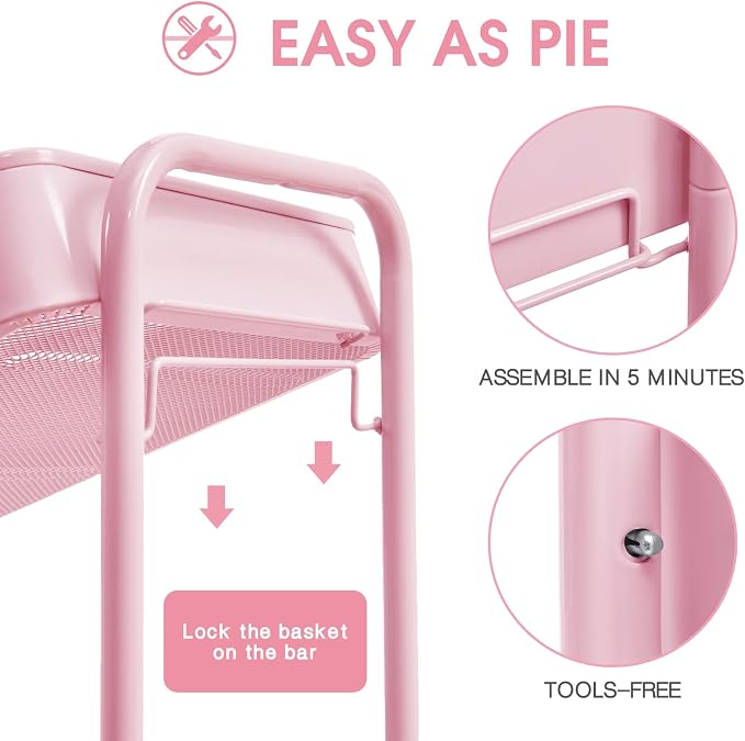 TOOLF 3 Tier Metal Rolling Cart, Utility Storage Cart with Wheels, Pink | Screwless Assembly, Lockable Metal Wheels, Trolley Organizer for Bathroom, Kitchen, Office, Dorm, Laundry, Craft Room - Image 3