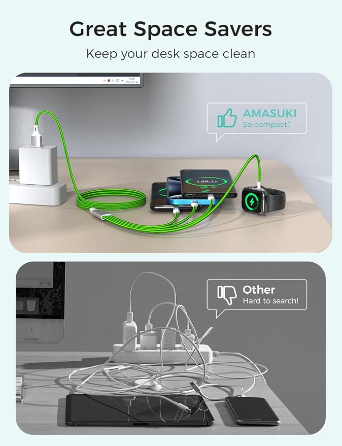 Amasuki Travel Essentials,4 in 1 for Apple Watch Charger/iPhone Charger/Multi Charging Cable,Vacation RV Camping Essentials,USB C/L/Micro Portable Charger for iWatch 11-1/iPhone 17-12,Car&Gift-Green - Image 3