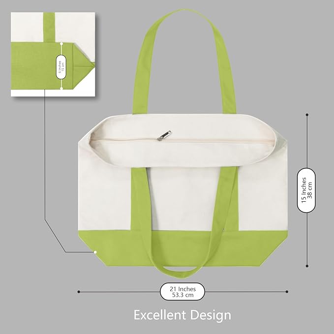 TOPDesign 6-Pack Canvas Tote Bags with an External Pocket, Reusable Grocery Shopping Bags, Top Zipper Closure, Daily Essentials (Light Green/Natural) - Image 5