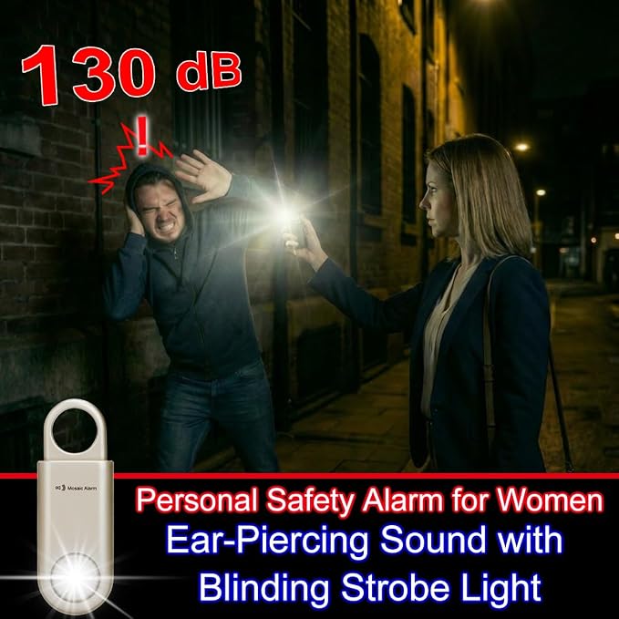 130dB Personal Safety Alarm Ultra Bright Strobe Light. Loud Sound Keychain Siren for Women, School Children, Night Runners, Hiking. Bear Alarm Deterrent. SOS Emergency Self Defense Alerts. Gold - Image 3