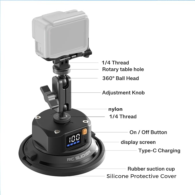 4.5" Electric Vacuum Suction Cup Camera Mount, 1/4" Thread Heavy-Duty Car Windshield Mount with Ball Head, 110LB Load for GoPro, Action Camera, Phone & DSLR Vlogging - Image 8