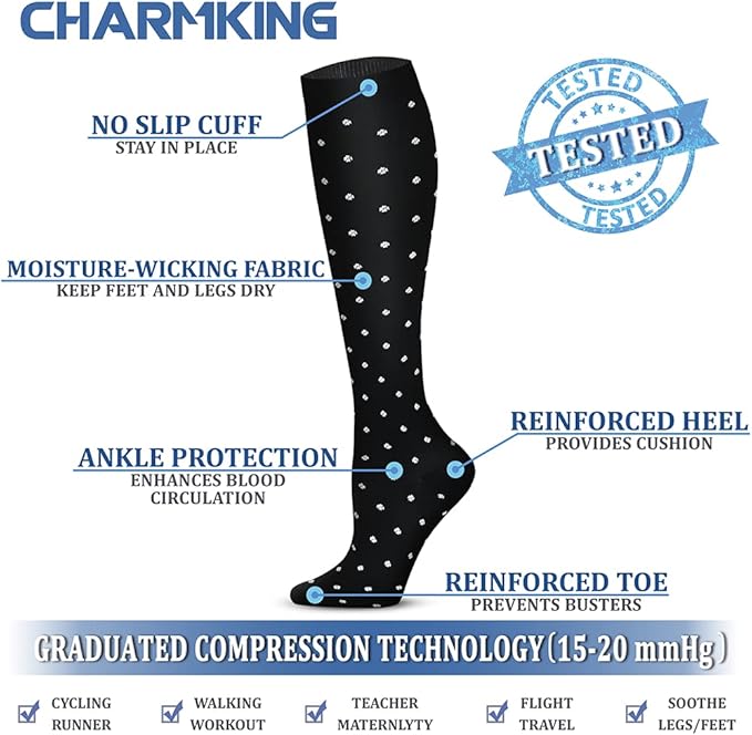 CHARMKING Compression Socks for Women & Men Circulation (8 Pairs) 15-20 mmHg Best Calf Socks Support for Athletic Cycling - Image 4