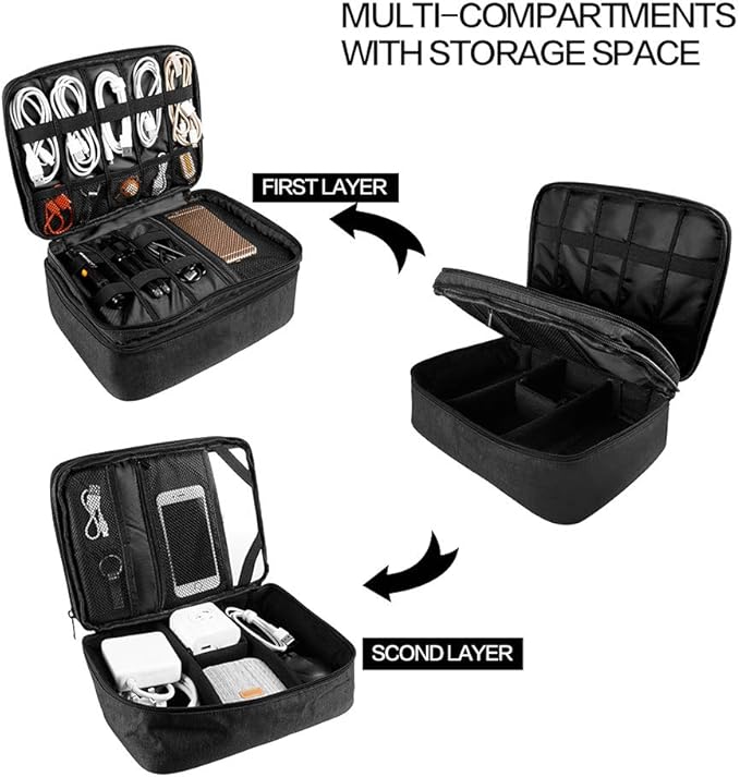 Travel Electronics Organizer, Waterproof Cable Organizer Bag for Electronic Accessories Double Layer Large Shockproof Cable Storage Bag for Cord, Power Bank, Tablet(Up to iPad 11 inch) - Black - Image 3