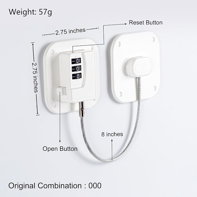 Refrigerator Lock, Heavy Duty Fridge Lock, Combination Lock for Refrigerator Cabinets, Drawers, Safety, Easy Install No Keys Needed (White-3Pack) - Image 2