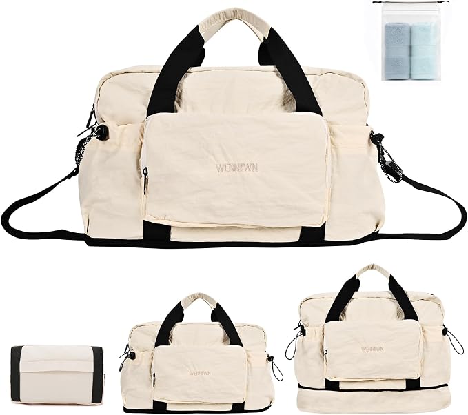 Foldable Travel Bag for Women, Expandable 28L-40L Lightweight Personal Item Carry On Bag, Packable Duffel Bag, Weekender Overnight Travel Tote, Collapsible Luggage Bag, Cream White by WENNIIWN