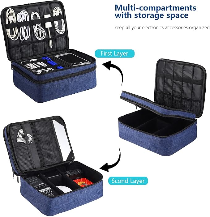 Travel Electronics Organizer, Waterproof Cable Organizer Bag for Electronic Accessories Double Layer Large Shockproof Cable Storage Bag for Cord, Power Bank, Tablet(Up to iPad 11 inch) - Royal Blue - Image 3