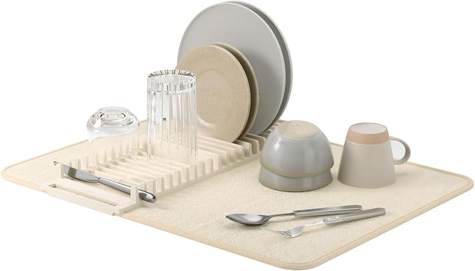 Umbra Udry Dish Drying Rack with Mat, Folds Flat for Storage, Linen | Protects countertop, BPA-free, recycled plastic construction by Umbra